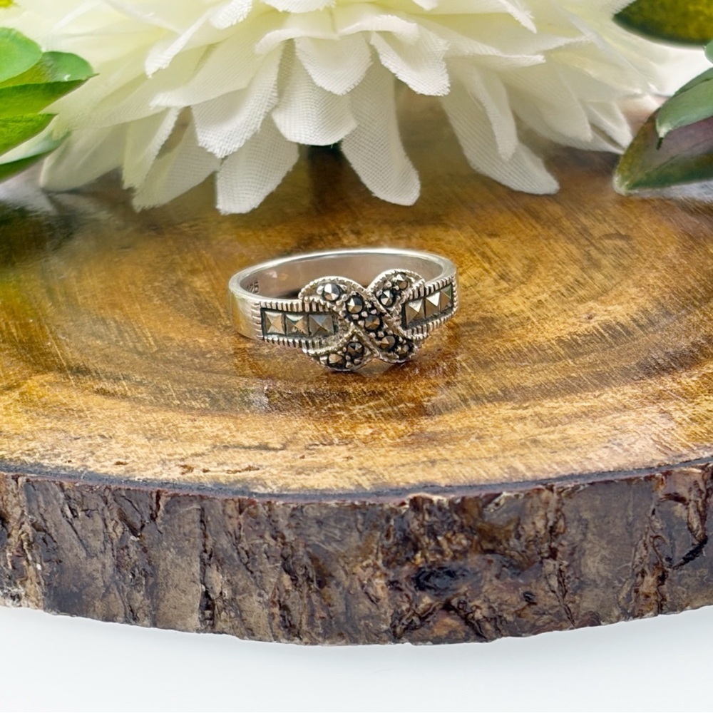 Vintage Sterling Silver 925 Marcasite Ring Size 5 1/2 5.5 Bow Knot Art Deco - Picture 8 of 11